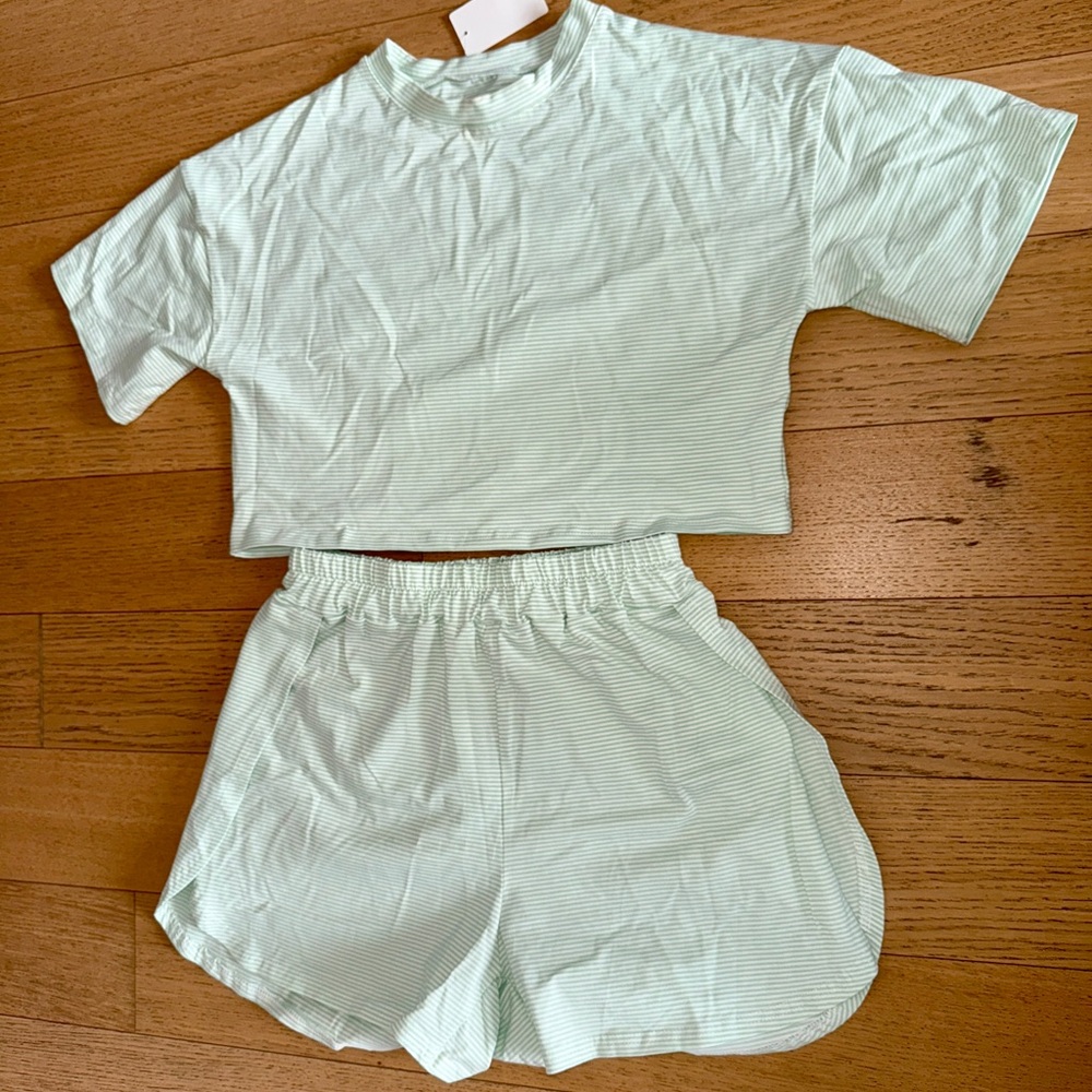 Striped Mint Green Lounge Set - Crop Tee & Shorts